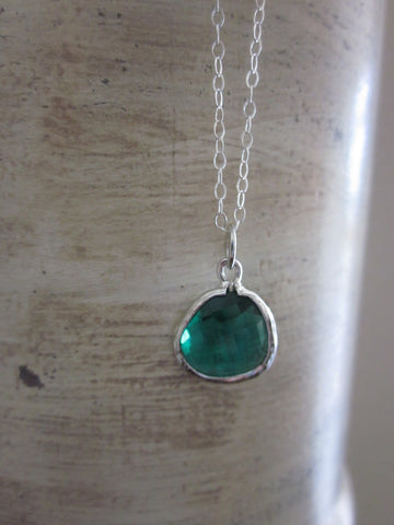 Emerald Green Glass Pendant Necklace on Sterling Silver Chain - Silver Plated Gem