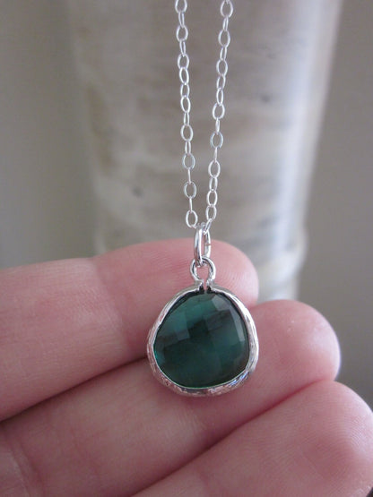 Emerald Green Glass Pendant Necklace on Sterling Silver Chain - Silver Plated Gem