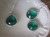 Necklace & Earring SET - EMERALD GREEN Glass Gem Pendants on Sterling Silver Earwires and Chain