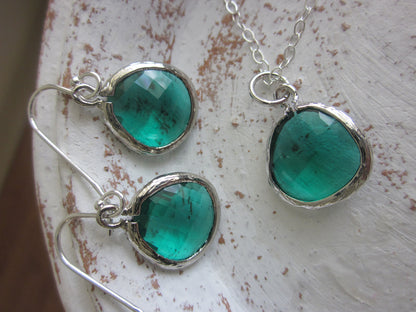 Necklace & Earring SET - EMERALD GREEN Glass Gem Pendants on Sterling Silver Earwires and Chain
