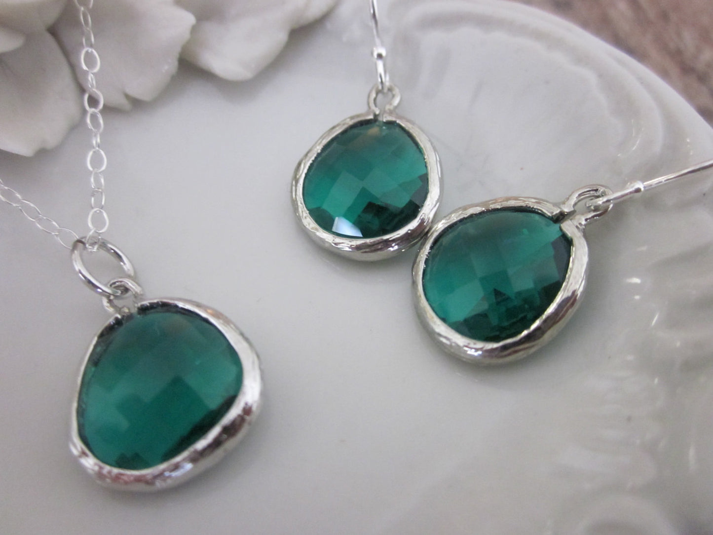 Necklace & Earring SET - EMERALD GREEN Glass Gem Pendants on Sterling Silver Earwires and Chain