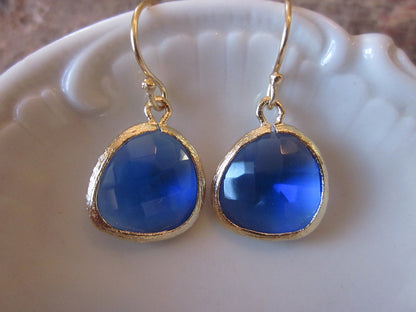 Cobalt Blue Earrings Gold - Bridesmaid Earrings - Wedding Earrings - Valentines Day Gift