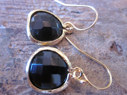 Black Onyx Earrings Gold Plated - Bridesmaid Earrings Wedding Earrings Valentines Day Gift