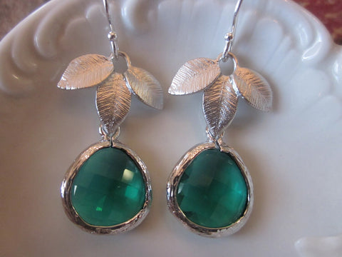 Three Silver Leaf Emerald Green Glass Gem Earrings on Sterling Silver Earwires - Silver Plated Gem