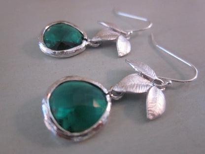 Three Silver Leaf Emerald Green Glass Gem Earrings on Sterling Silver Earwires - Silver Plated Gem