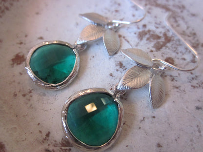 Three Silver Leaf Emerald Green Glass Gem Earrings on Sterling Silver Earwires - Silver Plated Gem