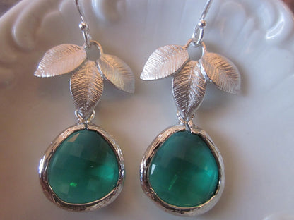 Three Silver Leaf Emerald Green Glass Gem Earrings on Sterling Silver Earwires - Silver Plated Gem