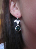 Three Silver Leaf Emerald Green Glass Gem Earrings on Sterling Silver Earwires - Silver Plated Gem