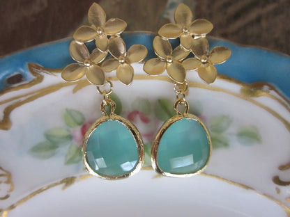 Aqua Blue Earrings Gold Cherry Blossom - Sterling Silver Posts - Bridesmaid Earrings - Valentines Day Gift - Wedding Earrings