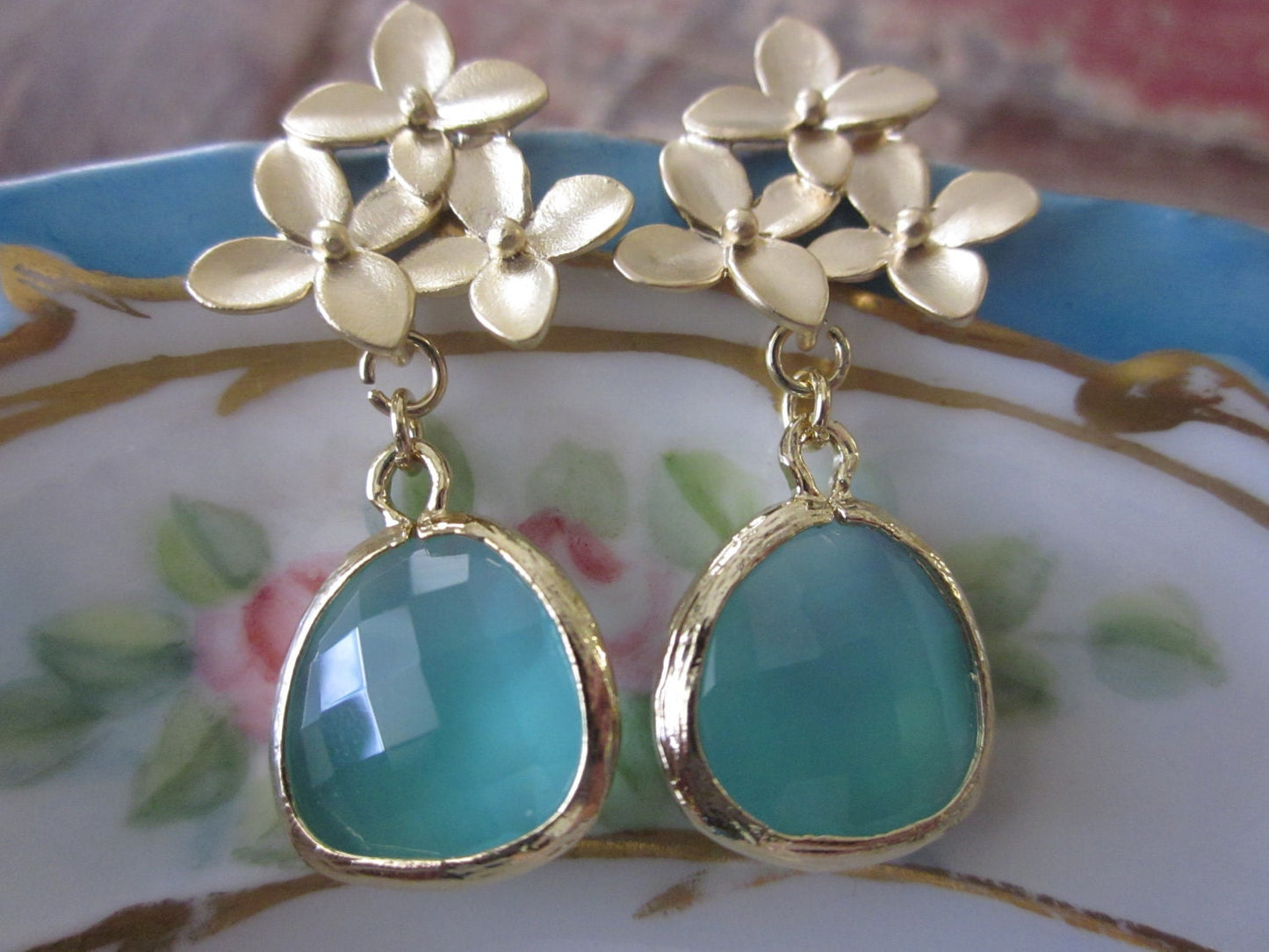 Aqua Blue Earrings Gold Cherry Blossom - Sterling Silver Posts - Bridesmaid Earrings - Valentines Day Gift - Wedding Earrings