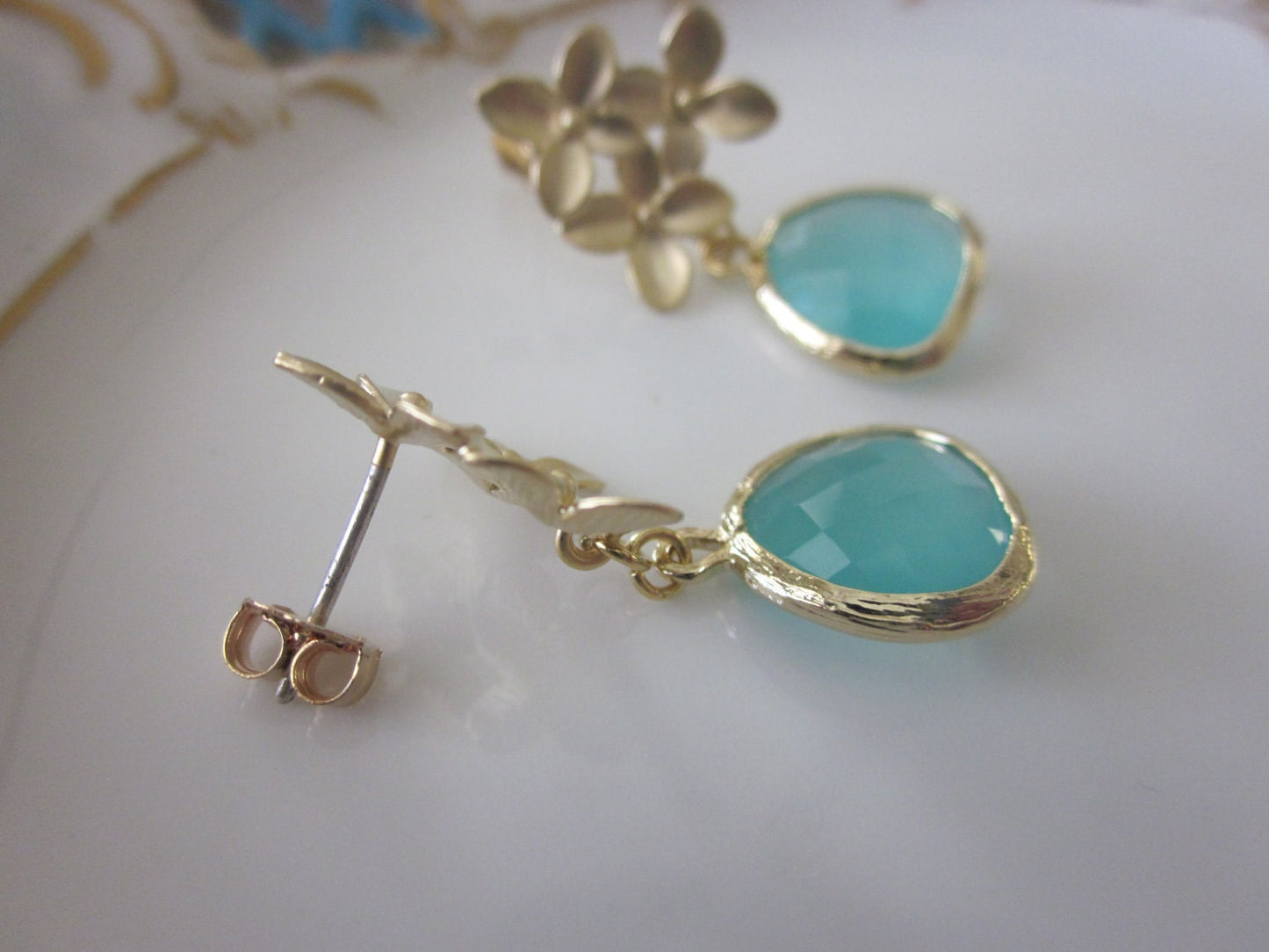 Aqua Blue Earrings Gold Cherry Blossom - Sterling Silver Posts - Bridesmaid Earrings - Valentines Day Gift - Wedding Earrings