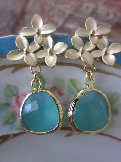 Aqua Blue Earrings Gold Cherry Blossom - Sterling Silver Posts - Bridesmaid Earrings - Valentines Day Gift - Wedding Earrings