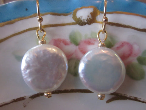 Gold White Freshwater Coin Pearl Earrings - Bridesmaid Earrings - Bridal Earrings - Wedding