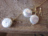 Freshwater White Coin Pearl Jewelry SET - Necklace Earrings - 12mm Coin Pearls on Gold Filled Chain and Earwires