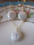 Freshwater White Coin Pearl Jewelry SET - Necklace Earrings - 12mm Coin Pearls on Gold Filled Chain and Earwires