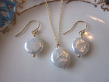 Freshwater White Coin Pearl Jewelry SET - Necklace Earrings - 12mm Coin Pearls on Gold Filled Chain and Earwires