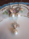 Silver Leaf & White Freshwater Pearl JEWELRY SET - 9mm Pearls Sterling Silver Chain and Earwires