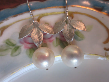 Silver Leaf & White Freshwater Pearl JEWELRY SET - 9mm Pearls Sterling Silver Chain and Earwires