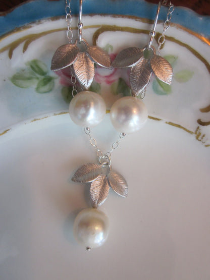 Silver Leaf & White Freshwater Pearl JEWELRY SET - 9mm Pearls Sterling Silver Chain and Earwires