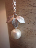 Silver Leaf & White Freshwater Pearl JEWELRY SET - 9mm Pearls Sterling Silver Chain and Earwires