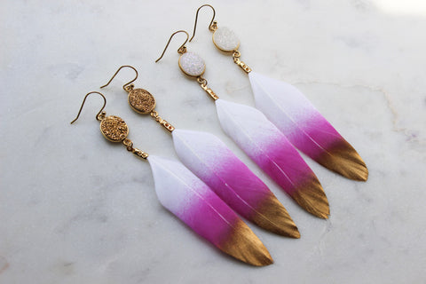 Pink Druzy Feather Earrings, Gold Dipped Feather Jewelry, Druzy Jewelry, Gold Druzy Earrings, Pink Statement Earrings, Christmas Gift