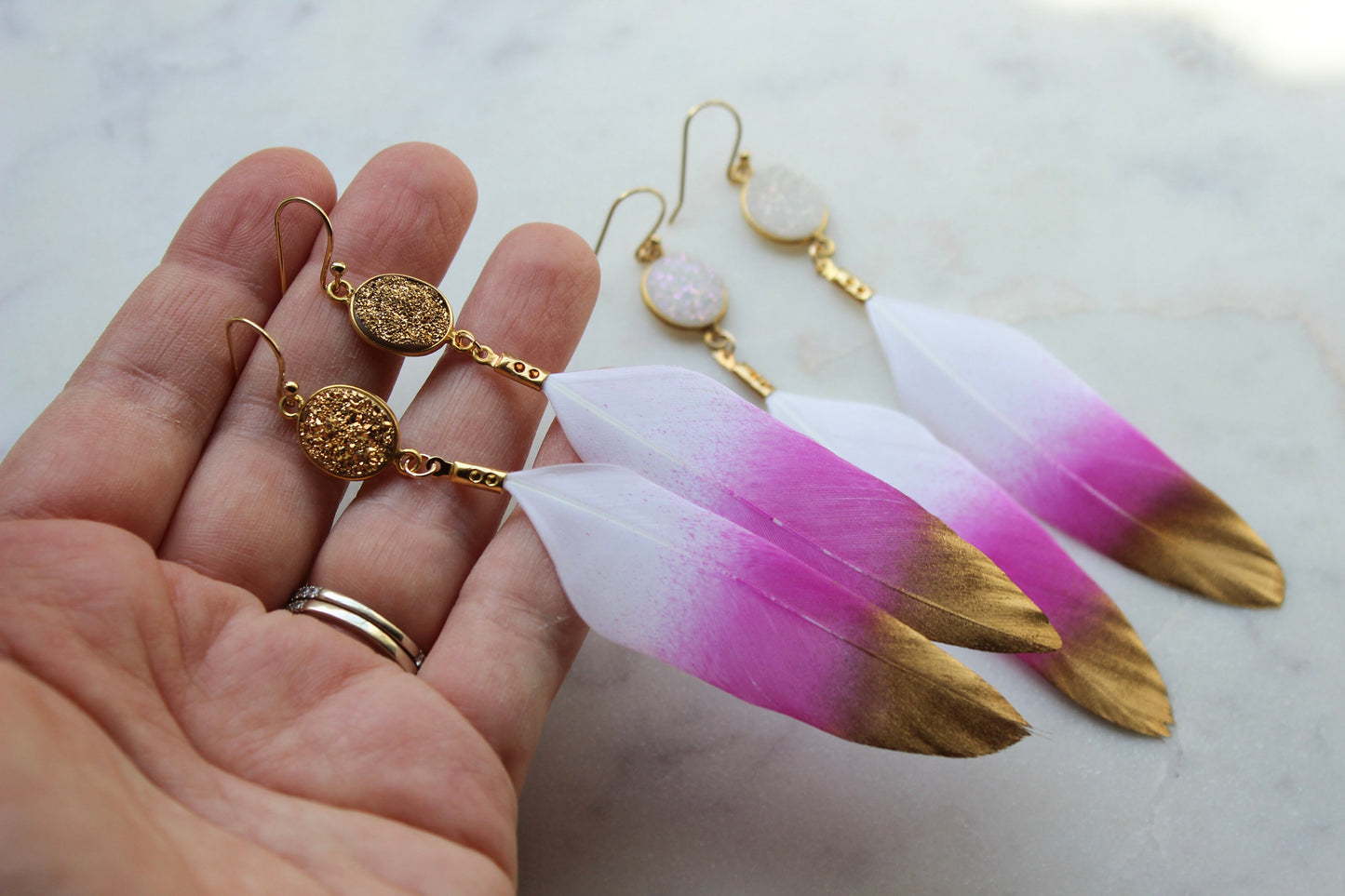 Pink Druzy Feather Earrings, Gold Dipped Feather Jewelry, Druzy Jewelry, Gold Druzy Earrings, Pink Statement Earrings, Christmas Gift