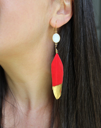 Red Druzy Feather Earrings, Gold Dipped Feather Jewelry, Druzy Jewelry, Gold Druzy Earrings, Red Statement Earrings, Christmas Gift