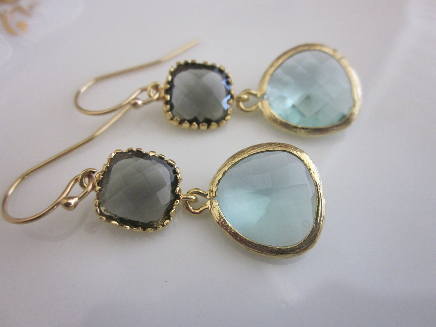Gold Prasiolite Earrings Black Square - Glass Earrings - Bridesmaid Earrings - Bridal Earrings - Wedding Earrings