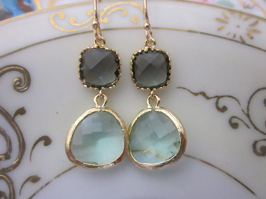 Gold Prasiolite Earrings Black Square - Glass Earrings - Bridesmaid Earrings - Bridal Earrings - Wedding Earrings