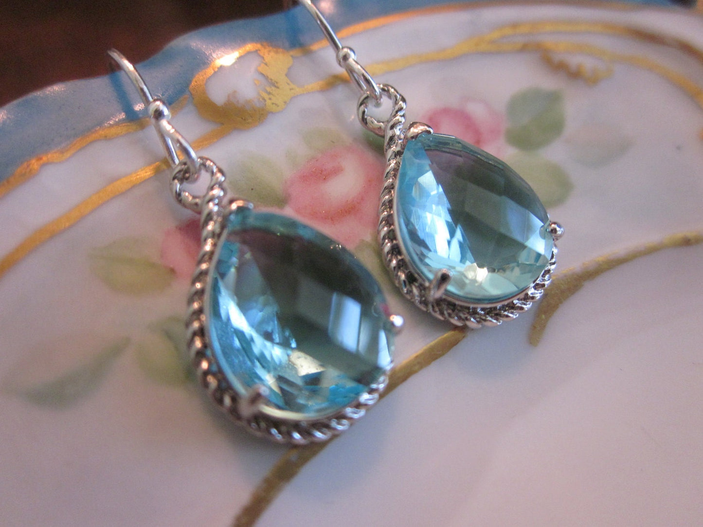 Aquamarine Earrings Silver- Teardrop Glass - Sterling Silver Earwires -  Bridesmaid Earrings - Wedding Earrings - Bridal Earrings