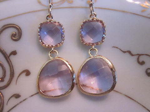 Lavender Earrings Gold - Purple Earrings Two Tier Glass Earrings - Bridesmaid Earrings - Bridal Earrings - Wedding Earrings