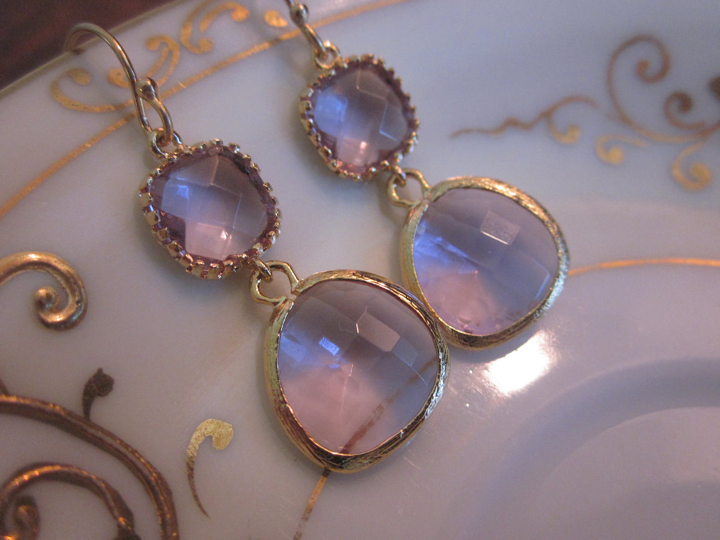 Lavender Earrings Gold - Purple Earrings Two Tier Glass Earrings - Bridesmaid Earrings - Bridal Earrings - Wedding Earrings