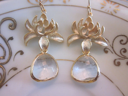 Clear Crystal Earrings Gold Blossoms - Bridesmaid Earrings - Bridal Earrings - Wedding Jewelry