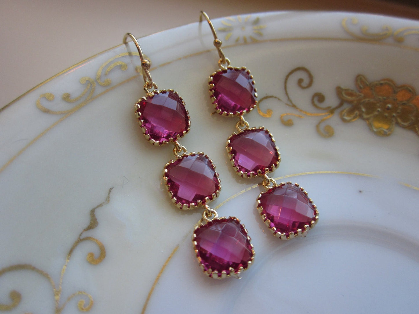 Fuchsia Earrings Hot Pink Gold - Wedding Earrings - Bridesmaid Earrings - Bridal Earrings