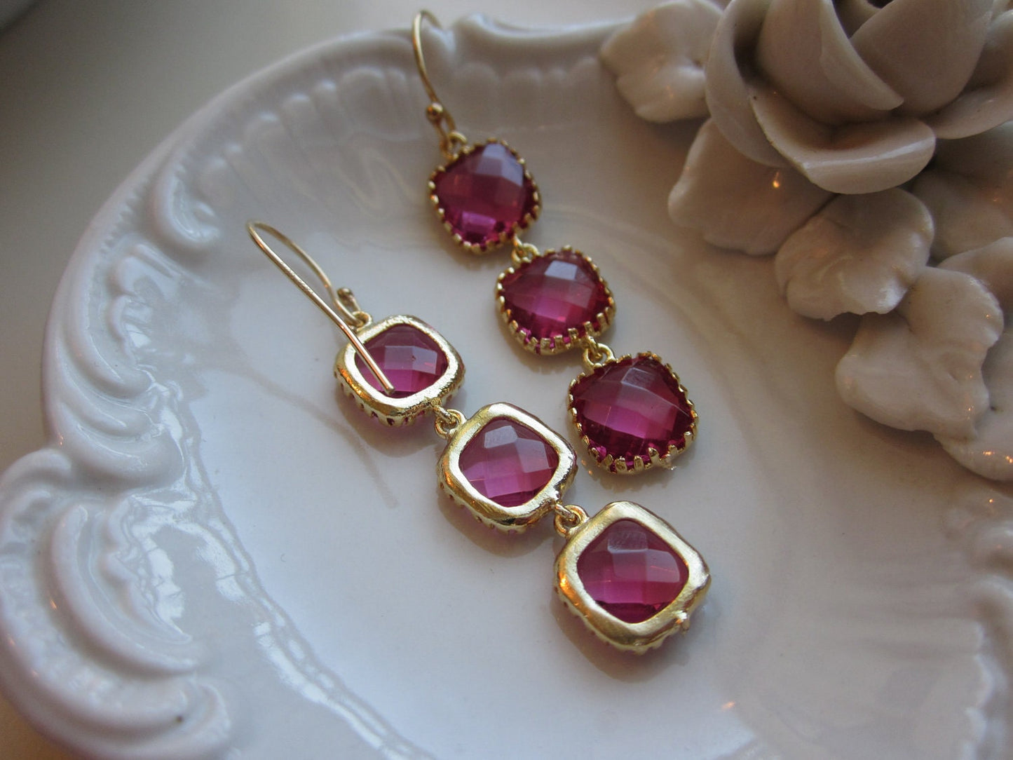 Fuchsia Earrings Hot Pink Gold - Wedding Earrings - Bridesmaid Earrings - Bridal Earrings