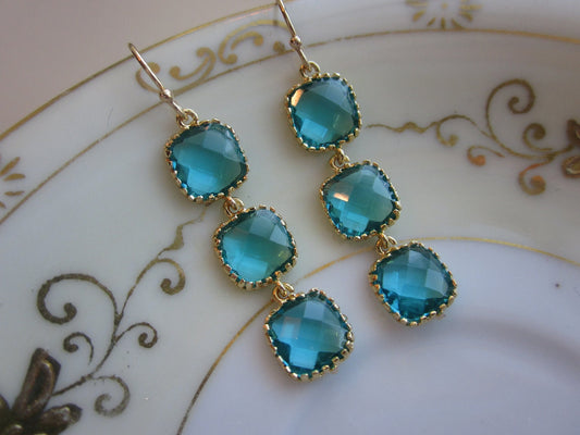 Sea Blue Earrings - Sea Green Earrings Gold - Wedding Earrings - Bridesmaid Earrings - Bridal Earrings