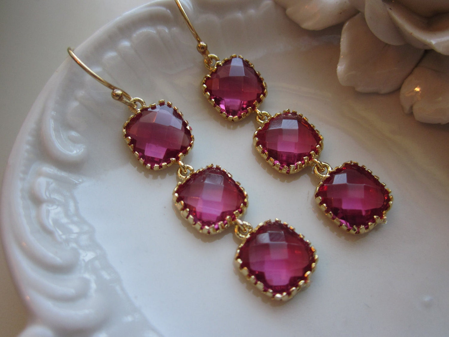 Fuchsia Earrings Hot Pink Gold - Wedding Earrings - Bridesmaid Earrings - Bridal Earrings