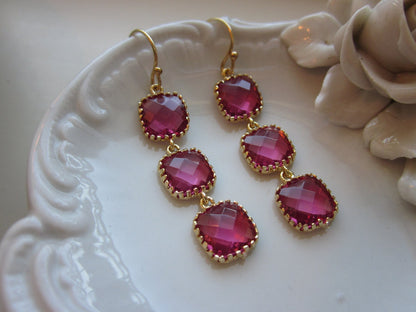 Fuchsia Earrings Hot Pink Gold - Wedding Earrings - Bridesmaid Earrings - Bridal Earrings