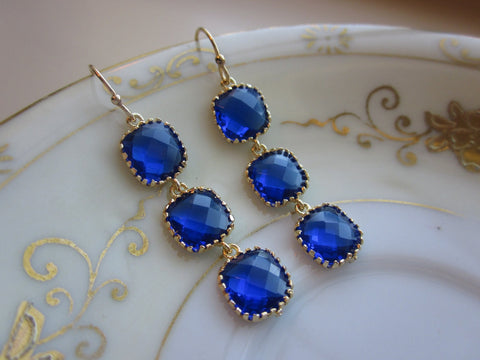 Cobalt Blue Earrings Gold three tier blocks Wedding Earrings - Bridesmaid Earrings - Bridal Earrings