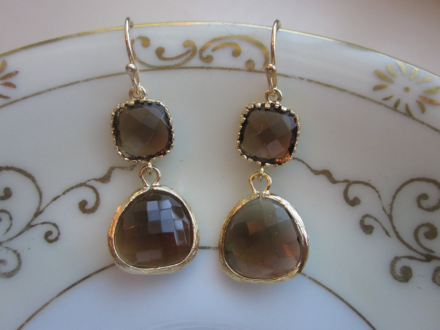 Smoky Brown Earrings Two Tier -  Bridesmaid Earrings - Bridal Earrings - Wedding Jewelry