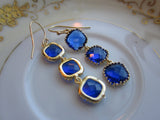 Cobalt Blue Earrings Gold three tier blocks Wedding Earrings - Bridesmaid Earrings - Bridal Earrings