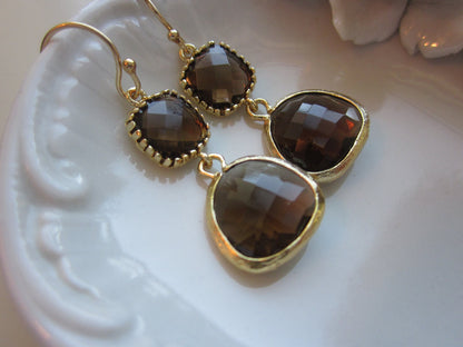 Smoky Brown Earrings Two Tier -  Bridesmaid Earrings - Bridal Earrings - Wedding Jewelry