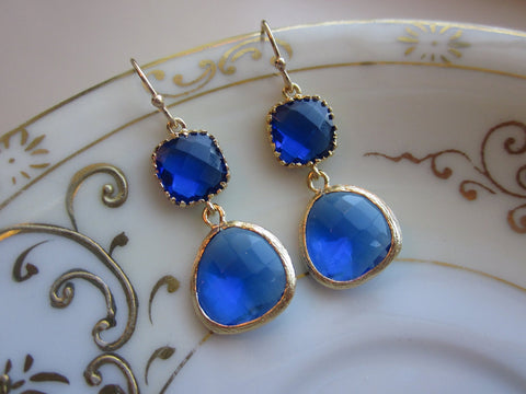 Cobalt Blue Earrings Gold - Gold Plated - Bridesmaid Earrings Wedding Earrings Valentines Day Gift