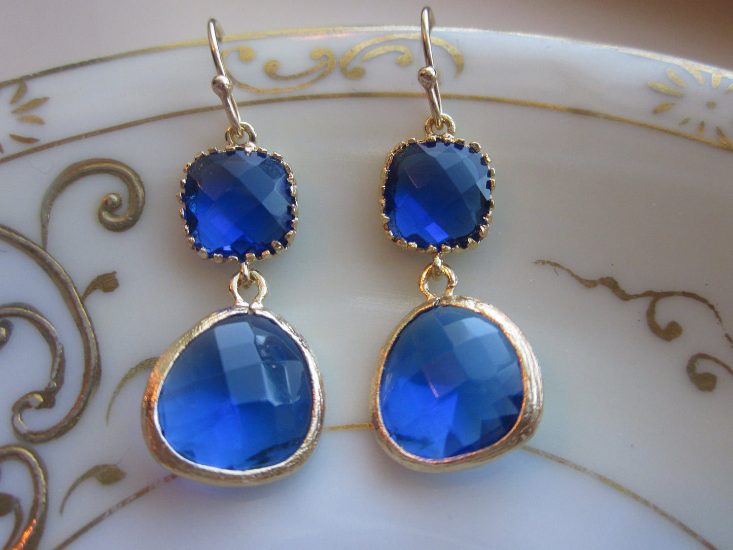 Cobalt Blue Earrings Gold - Gold Plated - Bridesmaid Earrings Wedding Earrings Valentines Day Gift