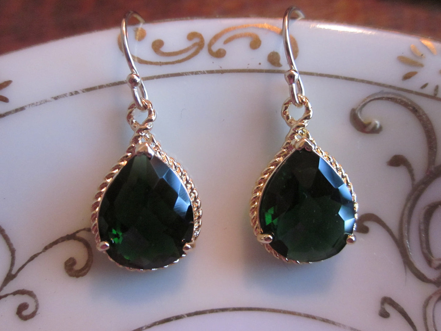 Emerald Green Earrings Teardrop Gold Rope Style - Bridesmaid Earrings Wedding Jewelry Bridal Earrings Valentines Day Gift