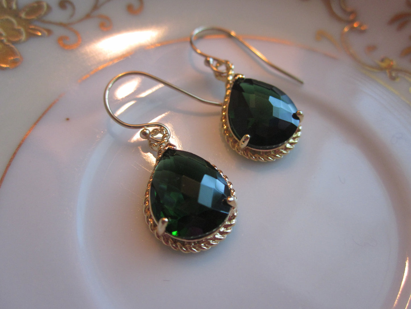 Emerald Green Earrings Teardrop Gold Rope Style - Bridesmaid Earrings Wedding Jewelry Bridal Earrings Valentines Day Gift