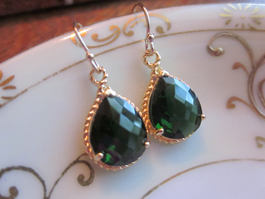 Emerald Green Earrings Teardrop Gold Rope Style - Bridesmaid Earrings Wedding Jewelry Bridal Earrings Valentines Day Gift