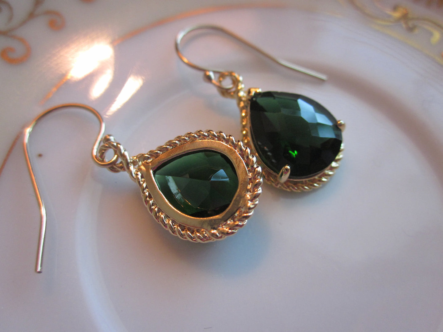 Emerald Green Earrings Teardrop Gold Rope Style - Bridesmaid Earrings Wedding Jewelry Bridal Earrings Valentines Day Gift