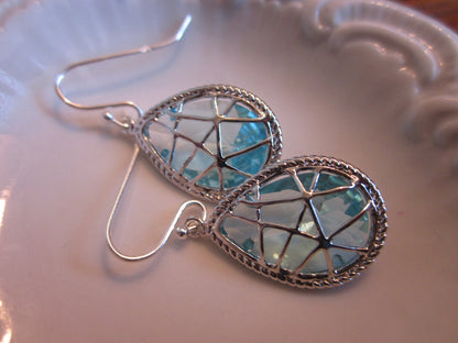 Aquamarine Earrings Blue Silver Twisted Design Sterling Silver Earwires - Bridesmaid Earrings Wedding Earrings Bridal Earrings
