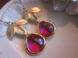 Fuchsia Earrings Pink Three Gold Leaf - Bridesmaid Earrings - Bridal Earrings